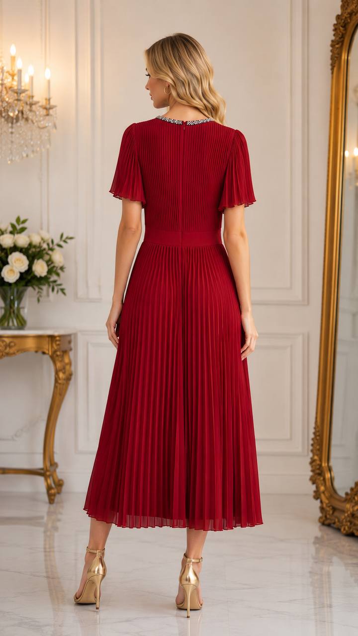 Ruby Elegance Pleated Midi Dress with Crystal Trim