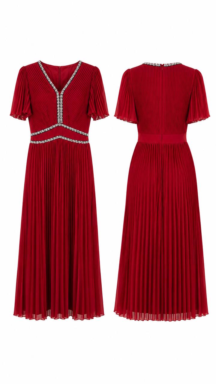 Ruby Elegance Pleated Midi Dress with Crystal Trim