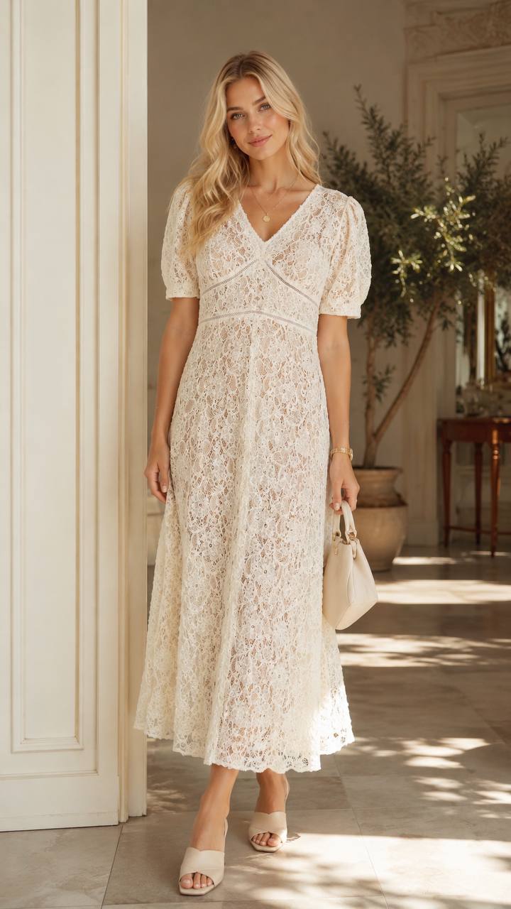 Ivory Floral Lace Midi Dress with Puff Sleeves