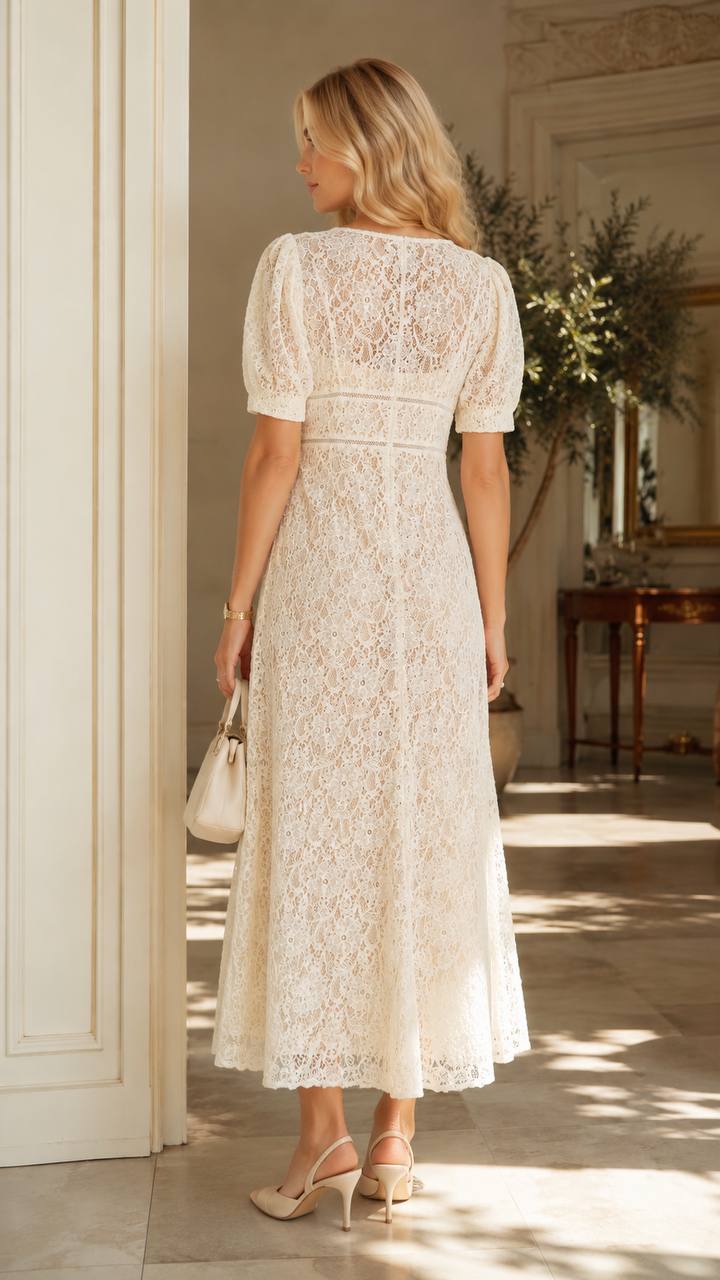 Ivory Floral Lace Midi Dress with Puff Sleeves