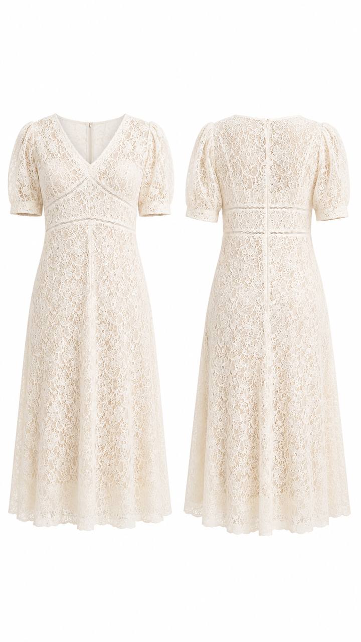 Ivory Floral Lace Midi Dress with Puff Sleeves