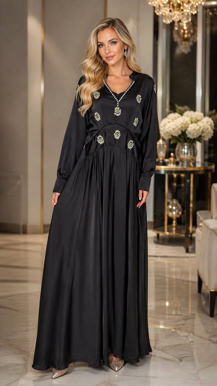 Emerald Crystal Embellished Satin Maxi Dress