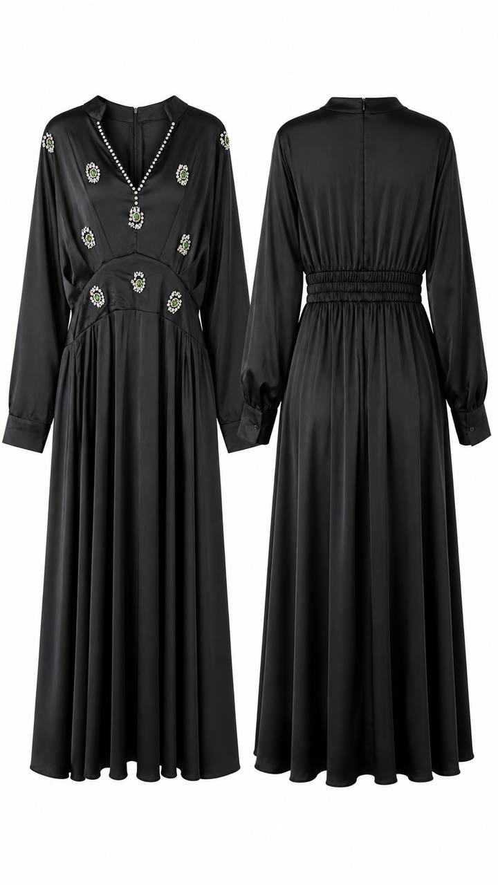 Emerald Crystal Embellished Satin Maxi Dress