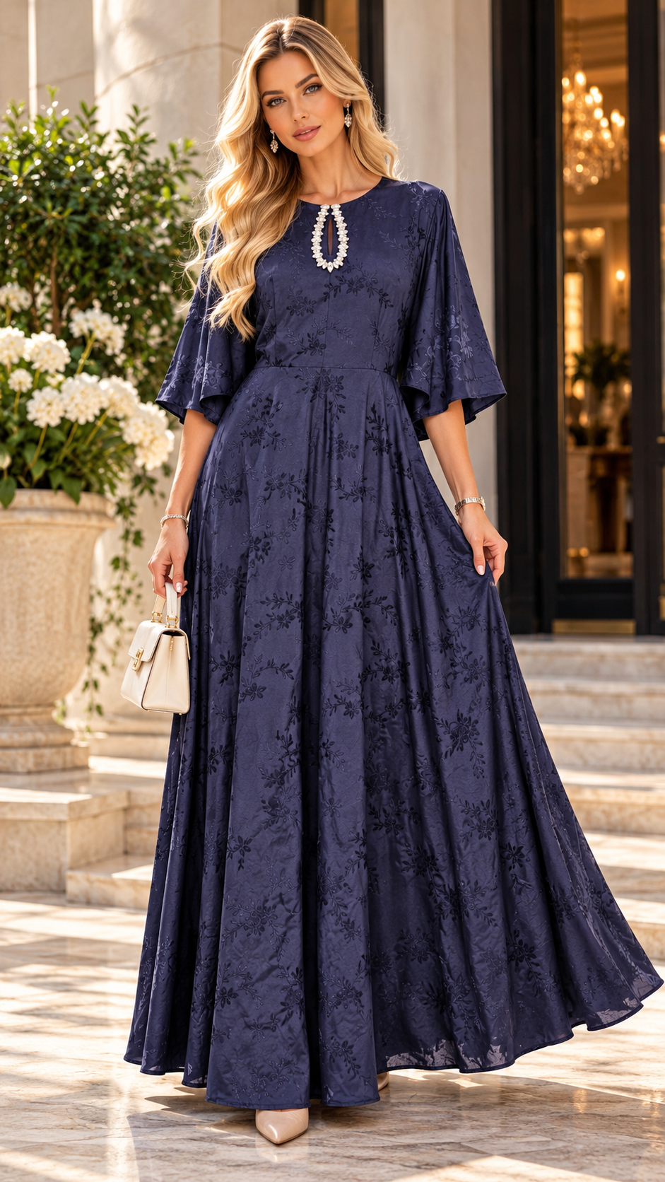 Burgundy Floral Jacquard Maxi Dress