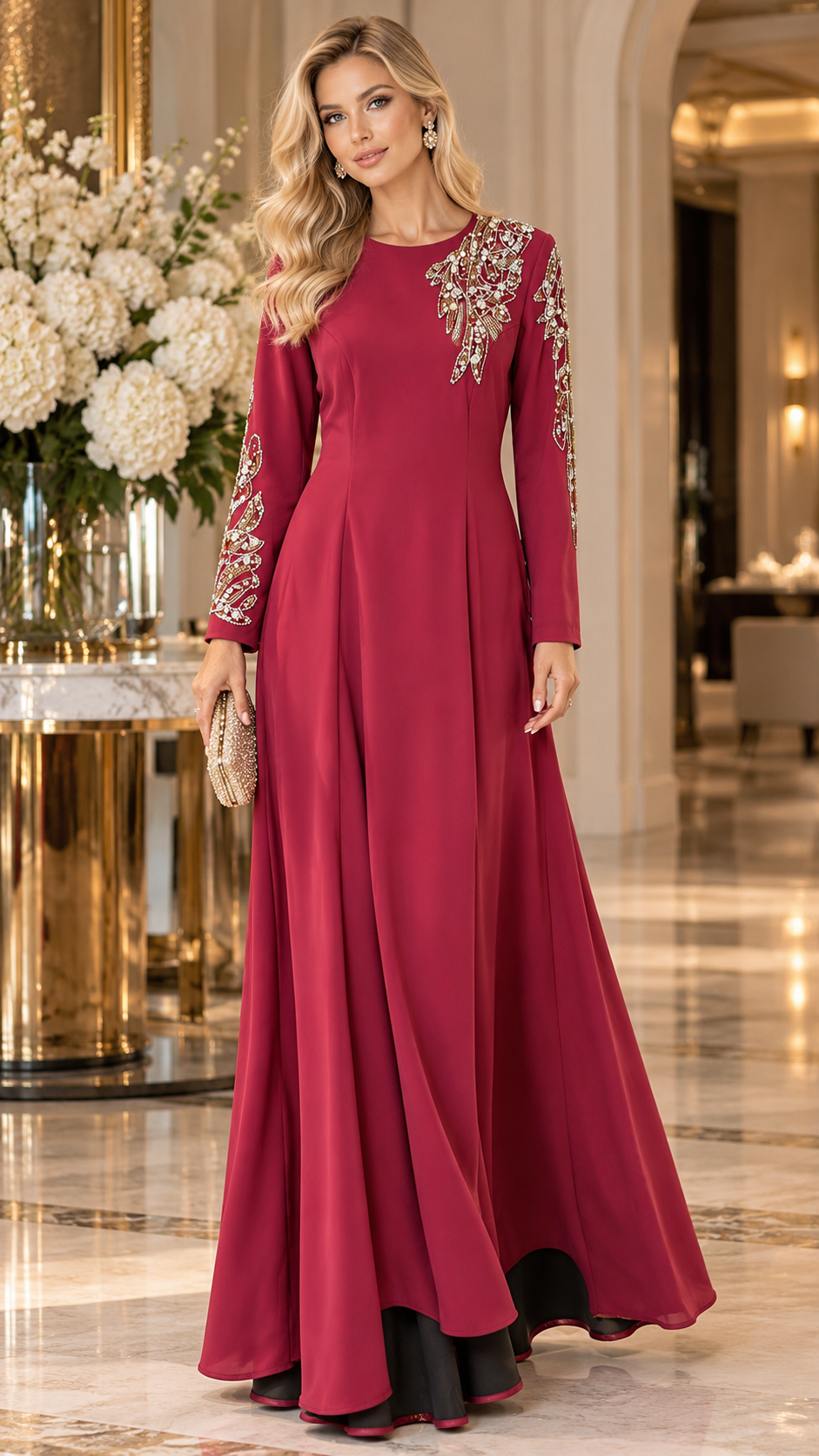 Elegant Burgundy Embellished Maxi Dress