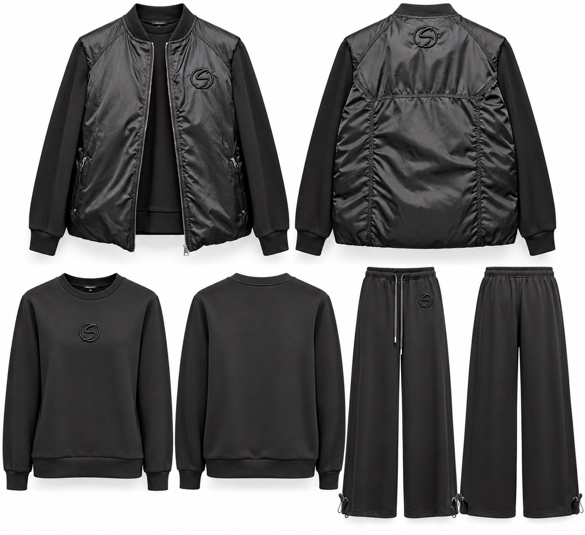 Black Luxe Bomber Jacket & Wide-Leg Sweatpants Set