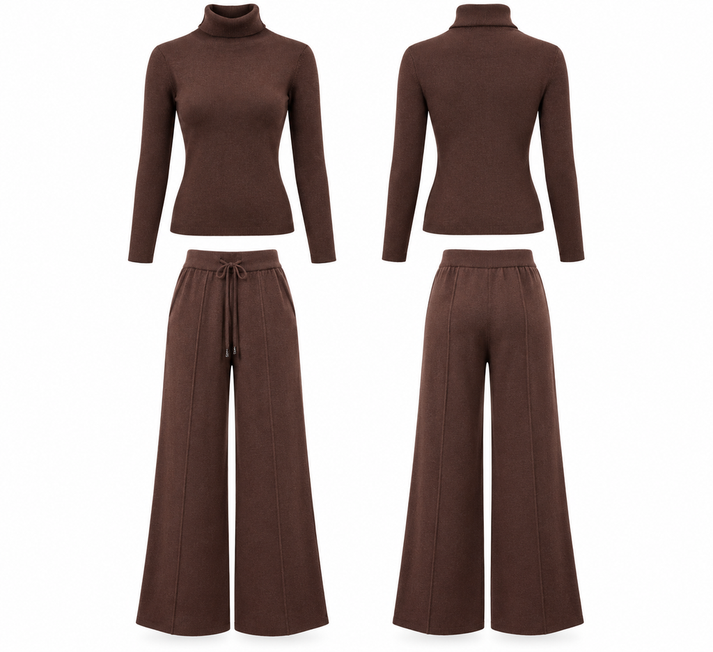 Chocolate Brown Knit Lounge Set – Turtleneck Sweater & Wide-Leg Pants