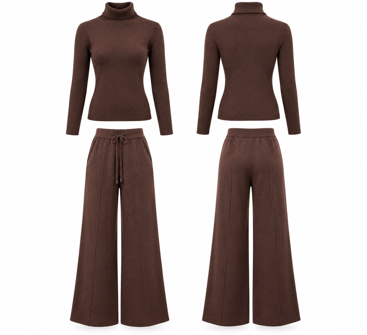 Chocolate Brown Knit Lounge Set – Turtleneck Sweater & Wide-Leg Pants