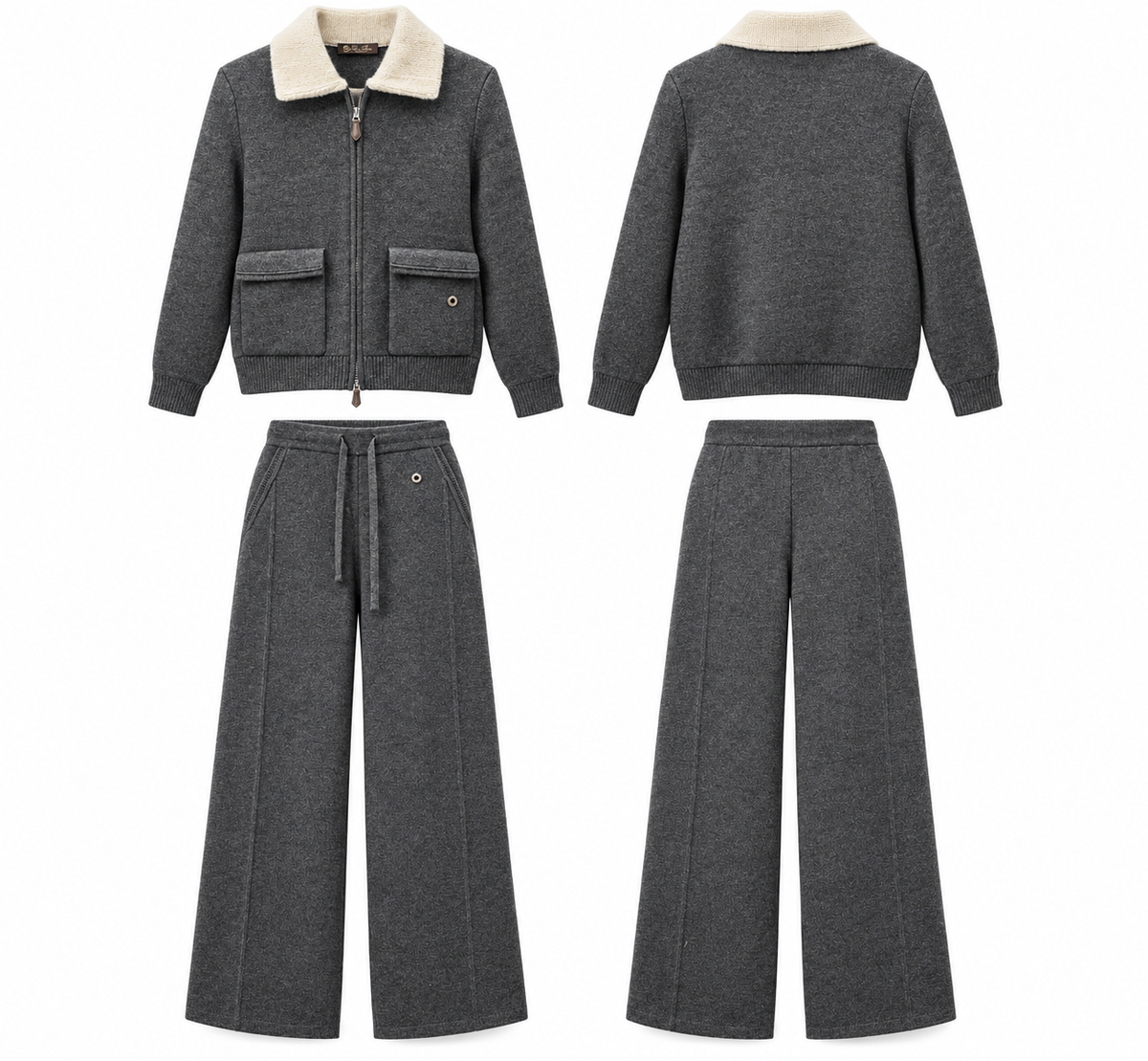 Charcoal Chic Knit Two-Piece Set with Faux Shearling Collar