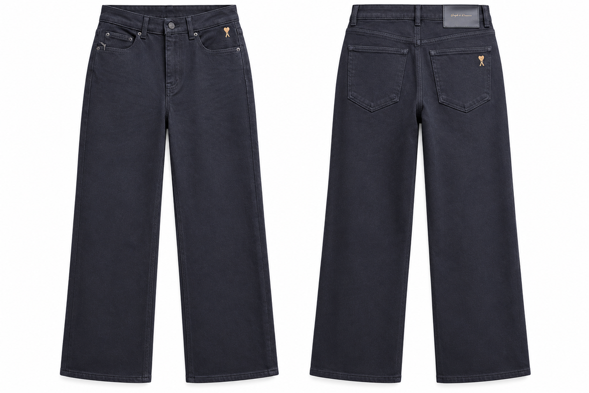 Charcoal Wide-Leg Denim Jeans with Gold Heart Detail