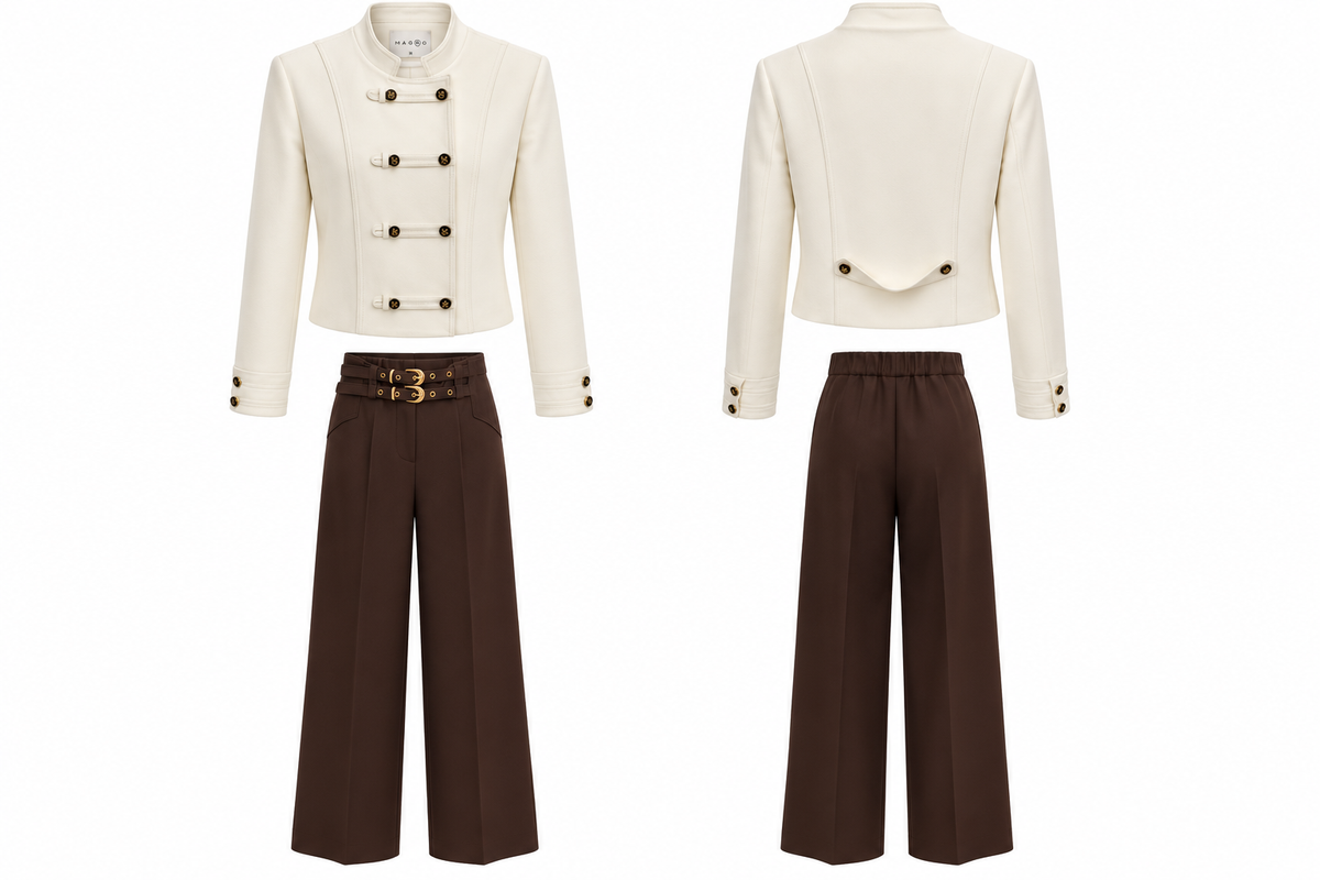 Ivory Military-Inspired Jacket & Chocolate Wide-Leg Trousers Set