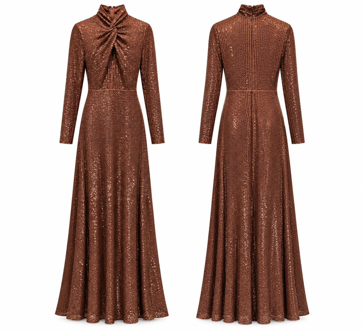 Bronze Glamour Sequin Maxi Dress – Twist Neckline Evening Gown