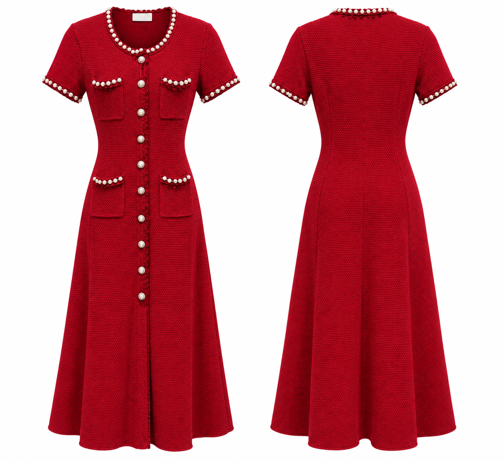 Ruby Pearl-Trim Tweed Midi Dress