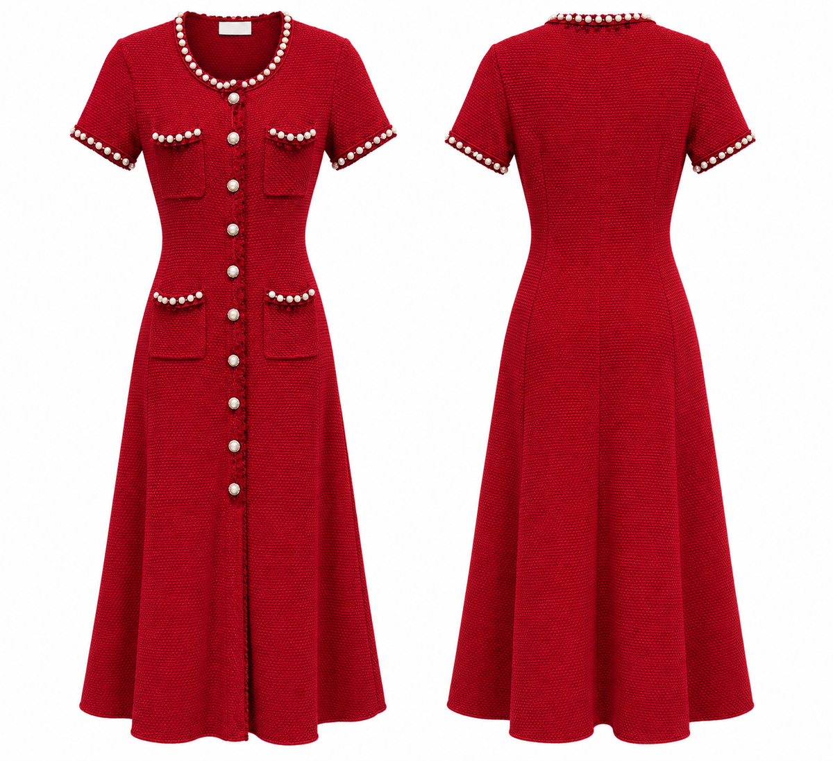 Ruby Pearl-Trim Tweed Midi Dress