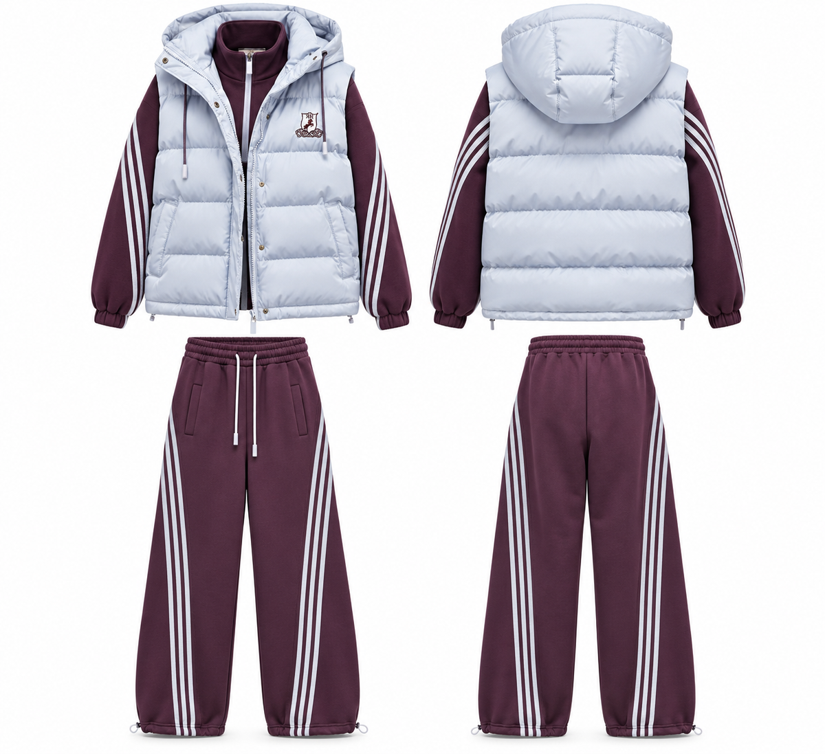 Icy Blue Puffer Vest & Plum Stripe Tracksuit Set