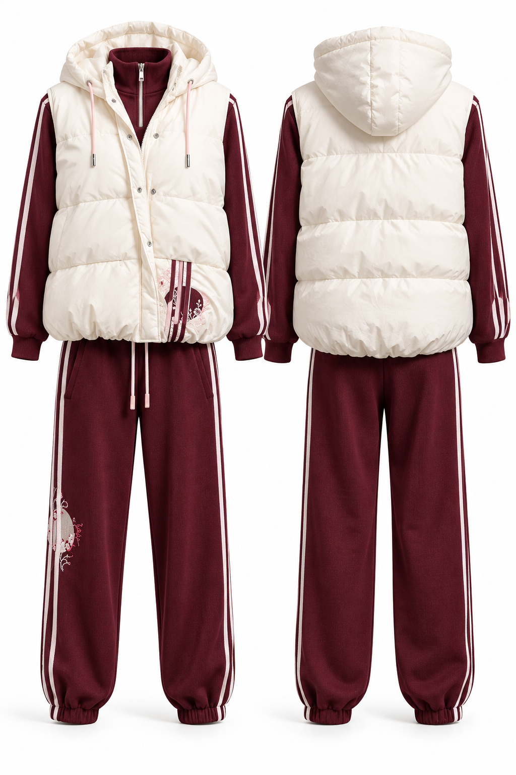 Burgundy Luxe Tracksuit Set with Ivory Puffer Vest
