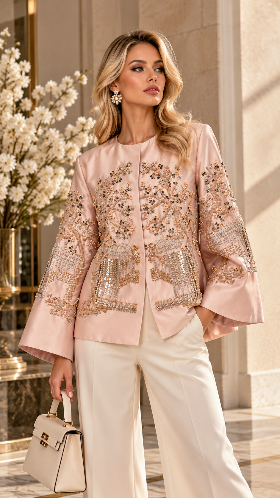 Beige Embellished Satin Jacket