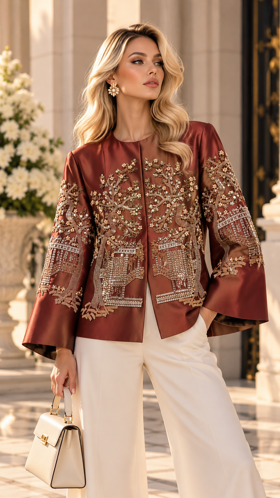 Beige Embellished Satin Jacket