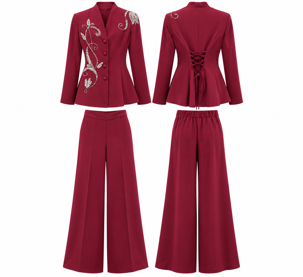 Burgundy Embellished Tailored Pantsuit Set