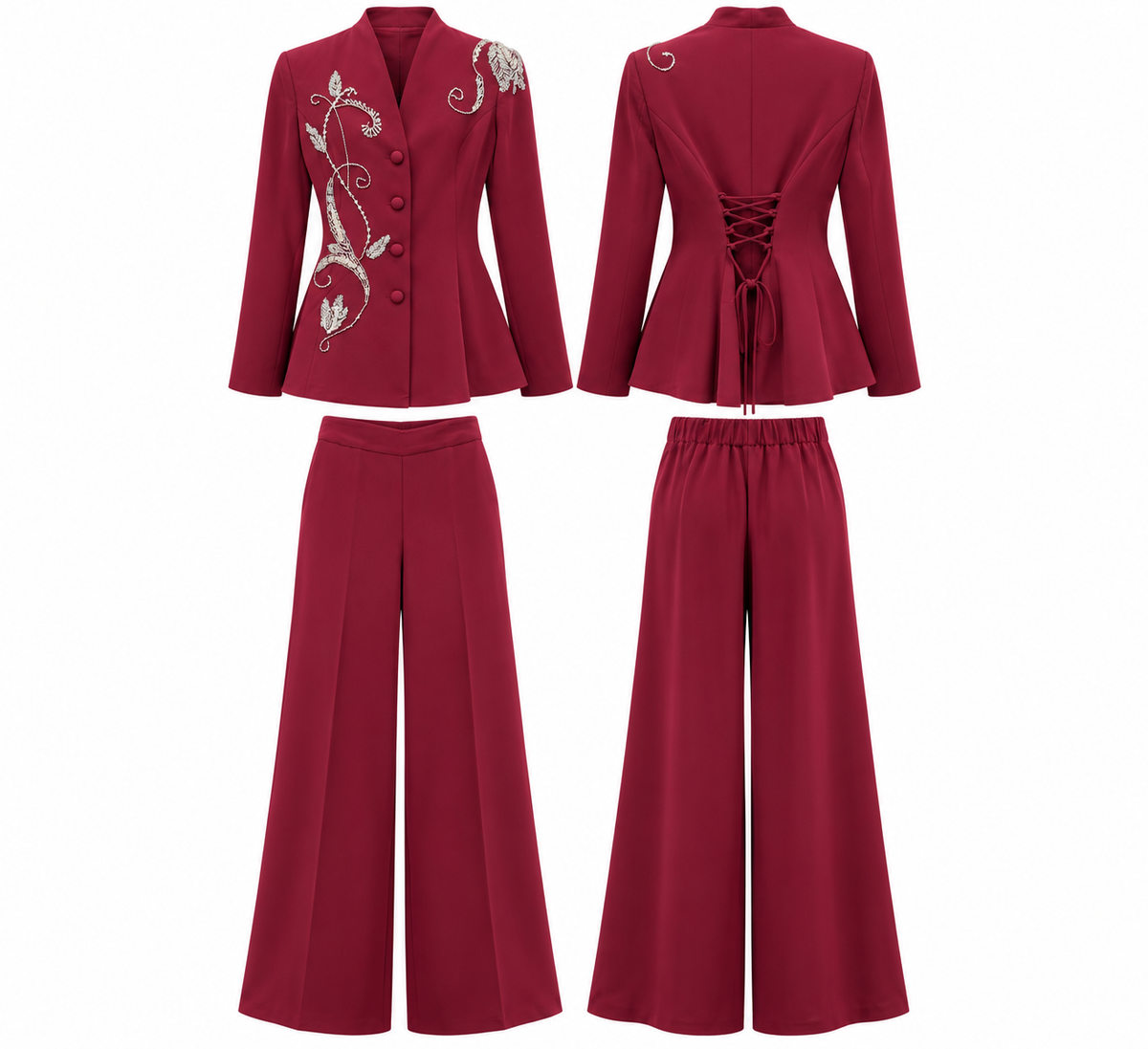 Burgundy Embellished Tailored Pantsuit Set