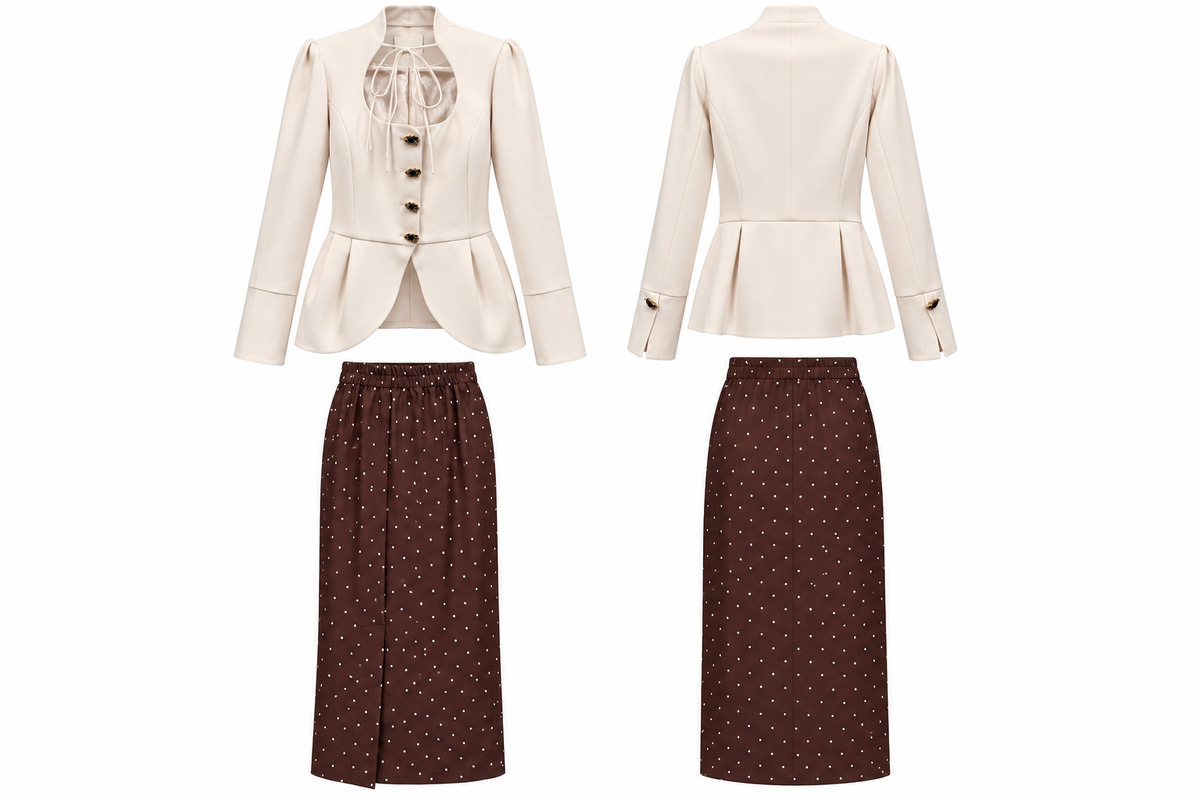 Ivory Peplum Blazer & Chocolate Polka Dot Midi Skirt Set