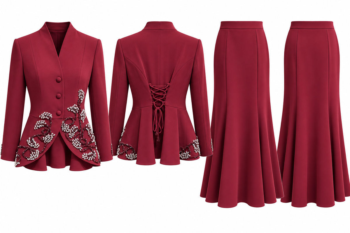 Burgundy Crystal Embellished Peplum Jacket & Maxi Skirt Set