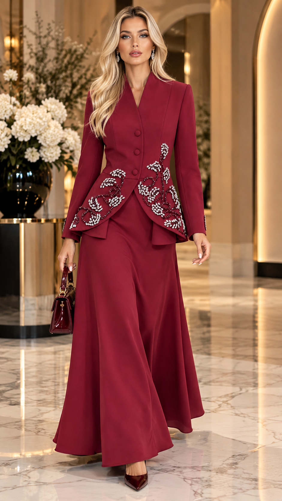 Burgundy Crystal Embellished Peplum Jacket & Maxi Skirt Set