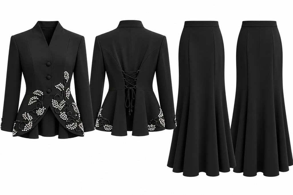 Burgundy Crystal Embellished Peplum Jacket & Maxi Skirt Set