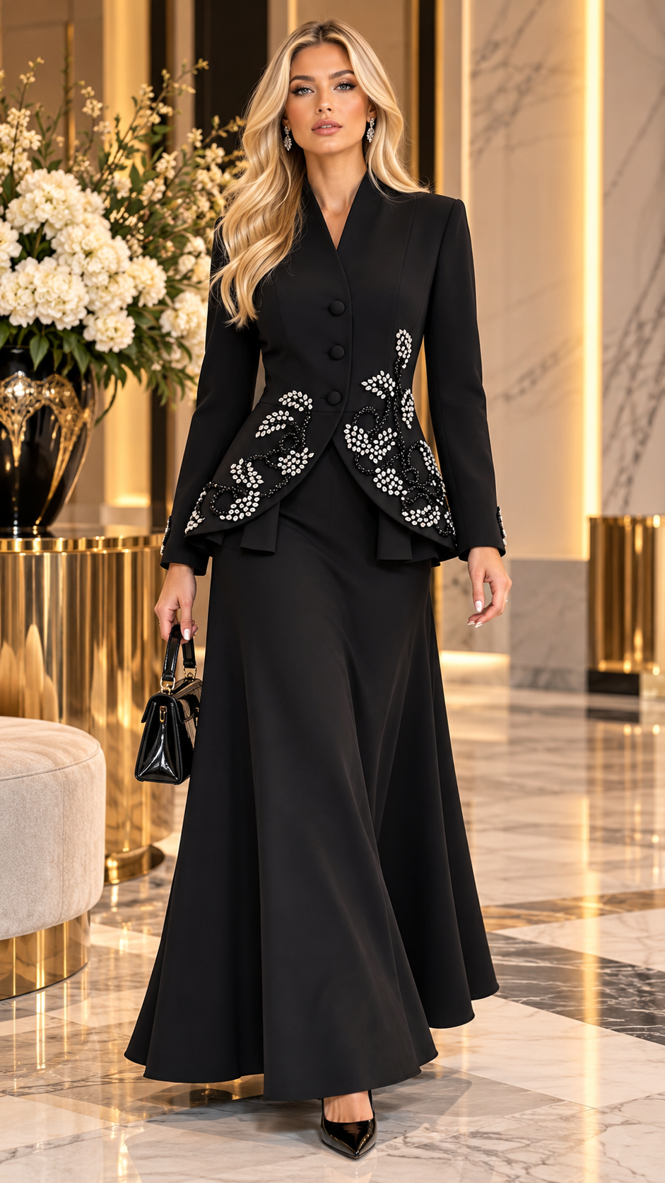Burgundy Crystal Embellished Peplum Jacket & Maxi Skirt Set