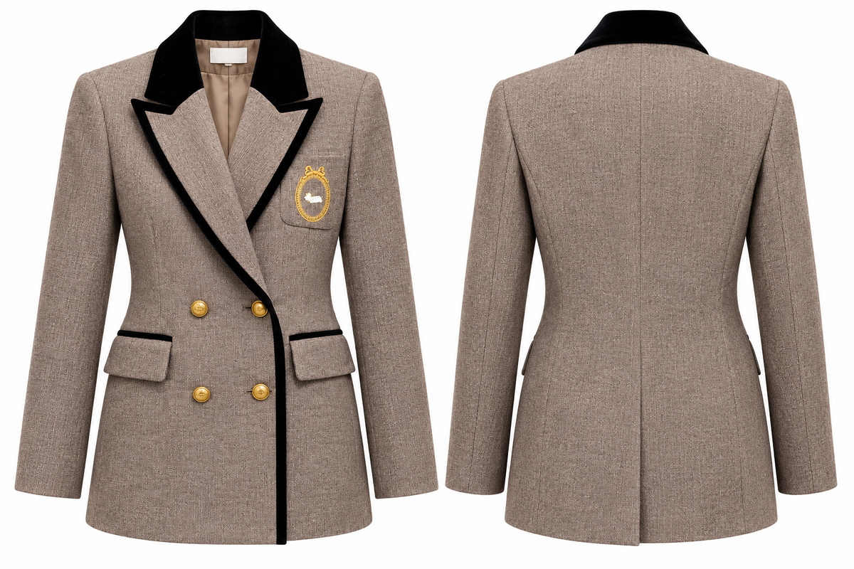 Taupe Tweed Blazer with Black Velvet Trim & Gold Buttons