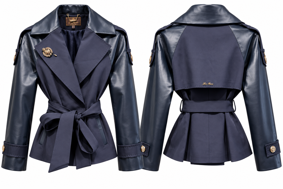 Burgundy Leather-Accent Belted Blazer