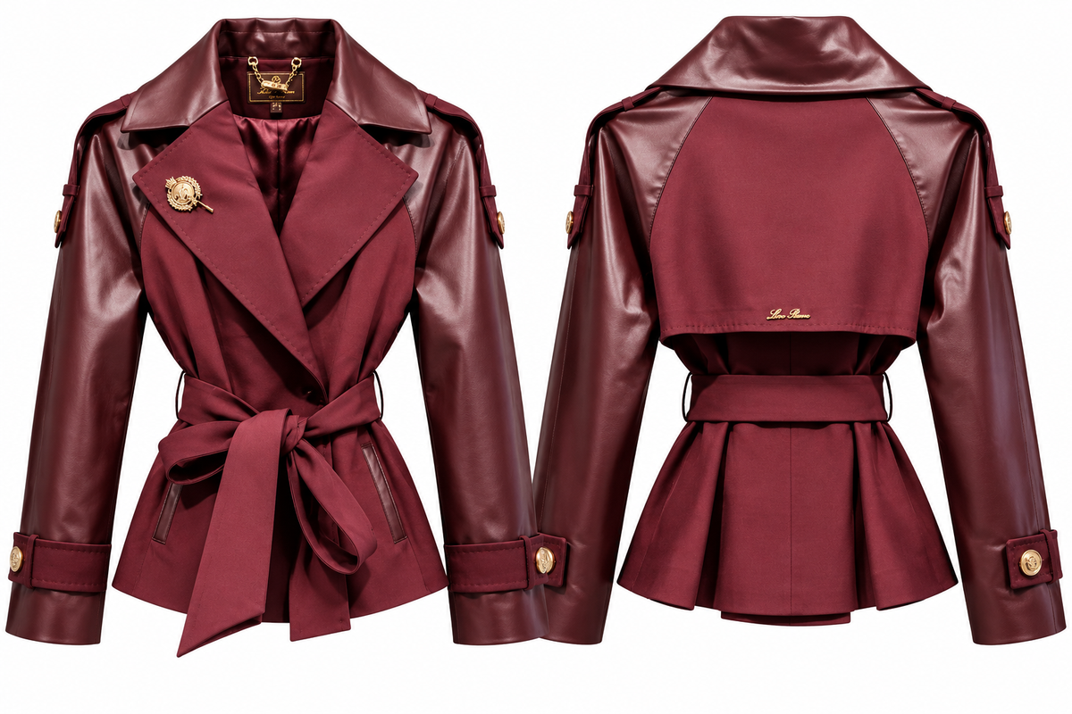 Burgundy Leather-Accent Belted Blazer