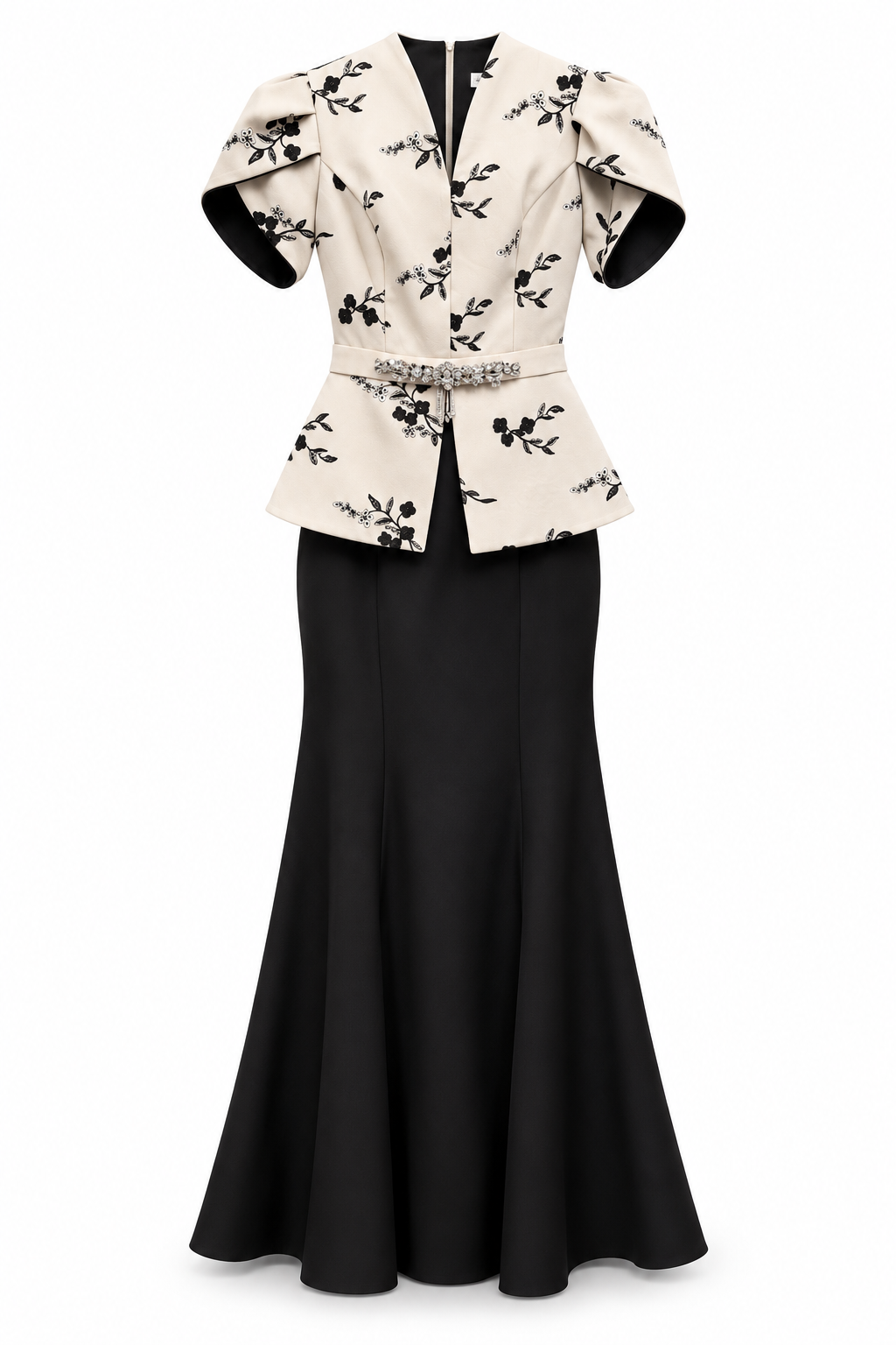Ivory Floral Embroidered Peplum Top & Black Mermaid Skirt Set