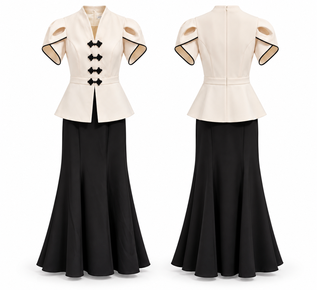 Elegant Ivory Peplum Top & Black Maxi Skirt Set