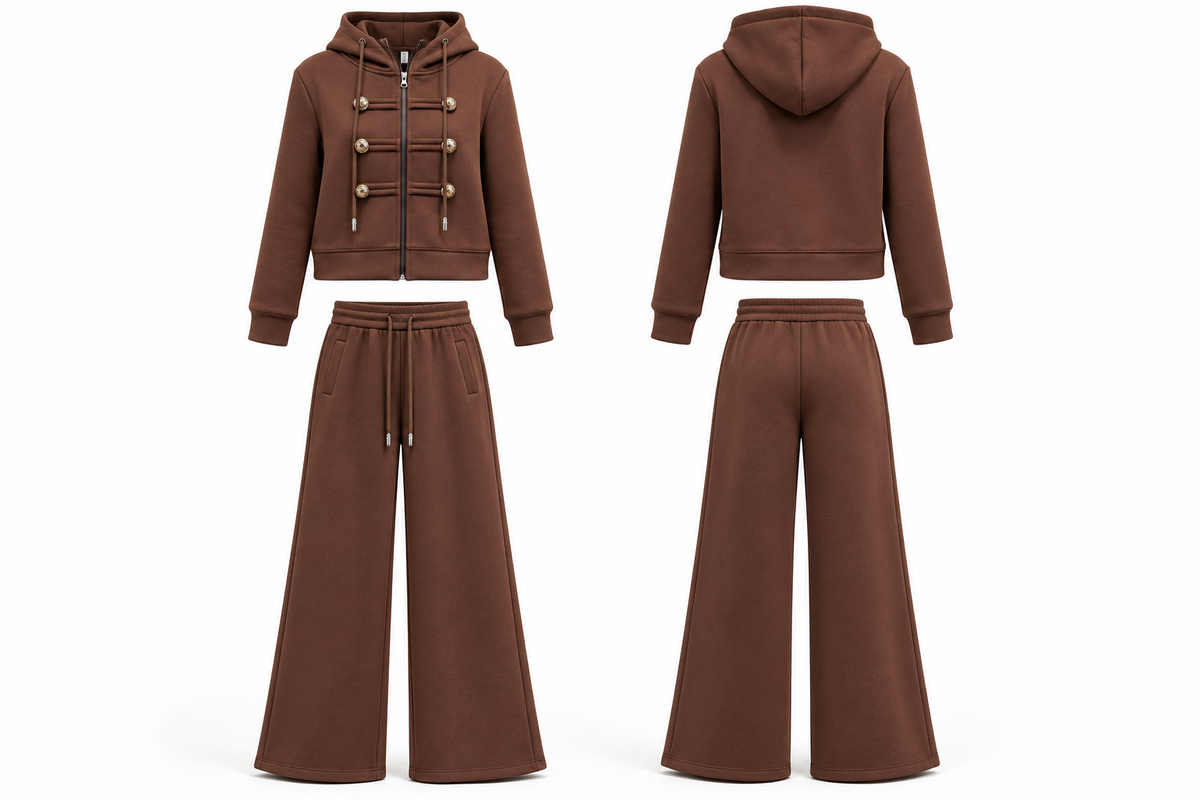 Chocolate Brown Military-Style Hoodie & Wide-Leg Sweatpants Set