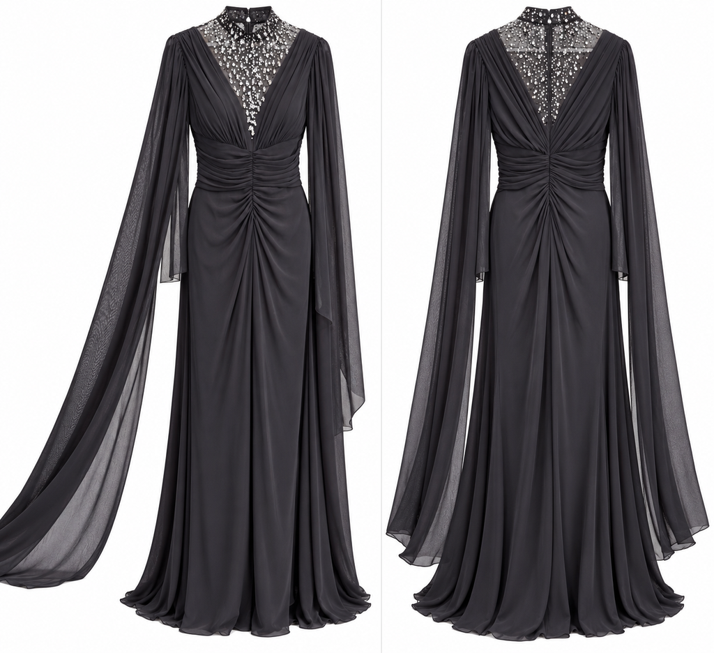 Black Crystal Embellished Cape Sleeve Evening Gown