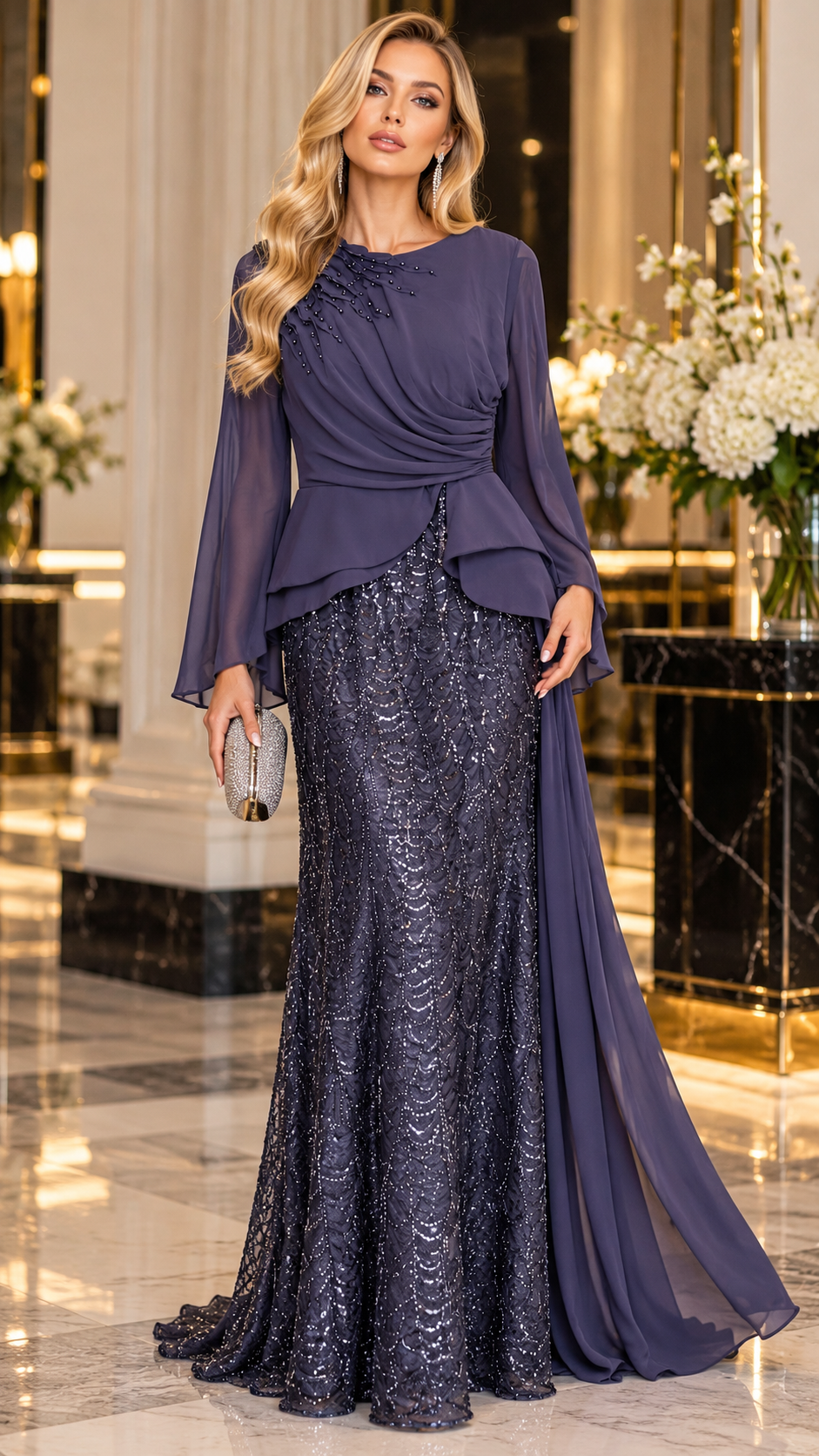 Midnight Plum Embellished Evening Gown with Draped Chiffon Sleeves