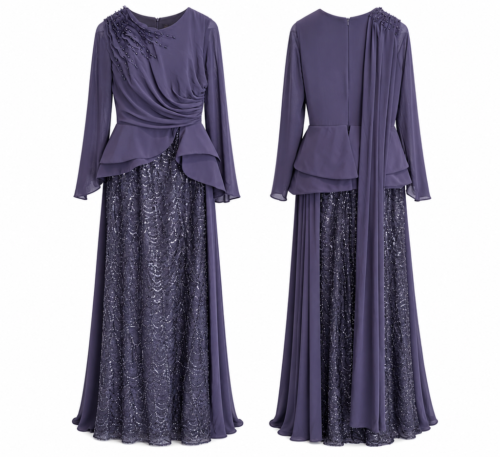 Midnight Plum Embellished Evening Gown with Draped Chiffon Sleeves