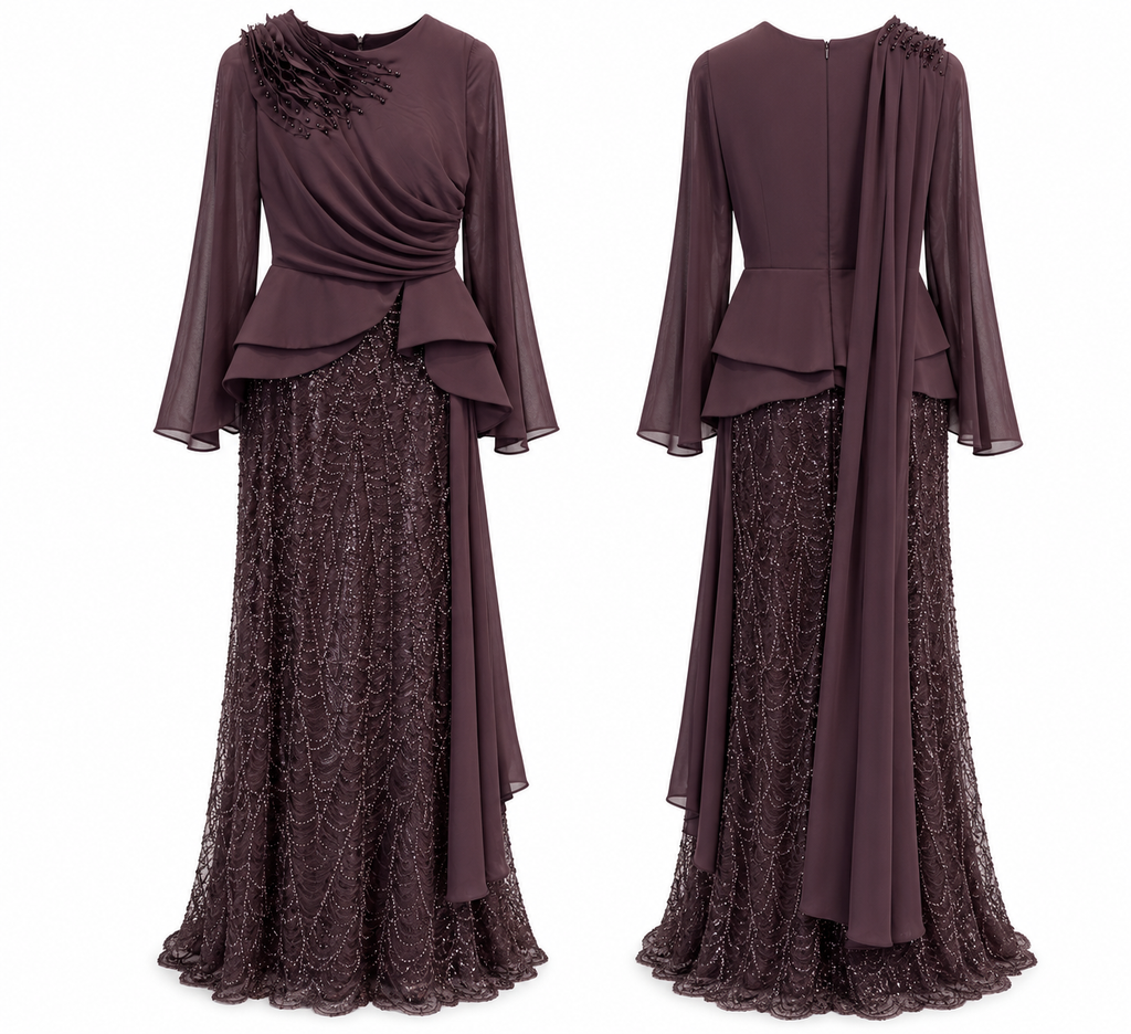 Midnight Plum Embellished Evening Gown with Draped Chiffon Sleeves