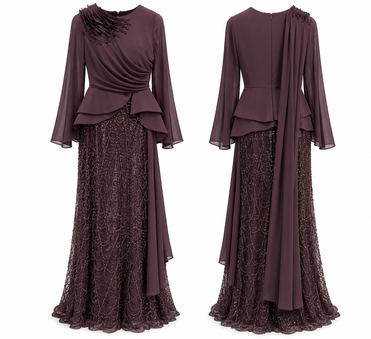 Midnight Plum Embellished Evening Gown with Draped Chiffon Sleeves