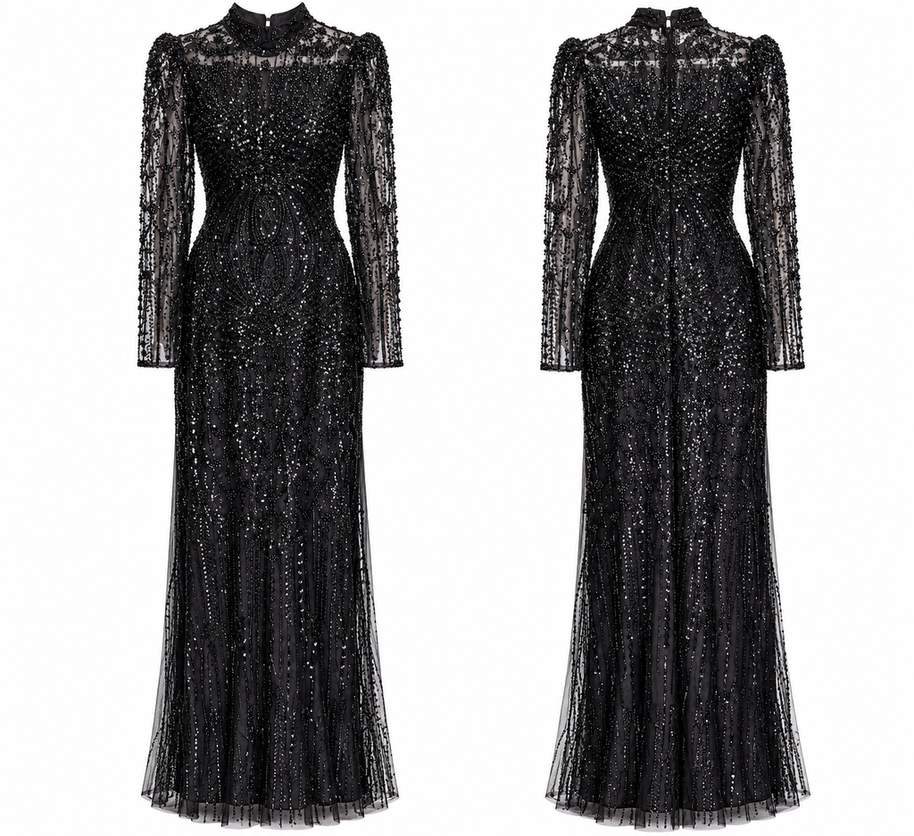 Black Embellished Long Sleeve Evening Gown