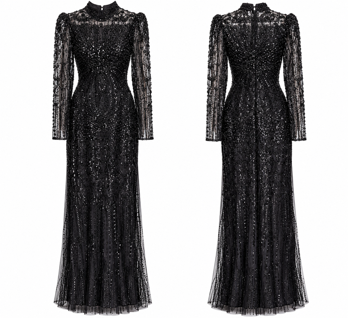 Black Embellished Long Sleeve Evening Gown