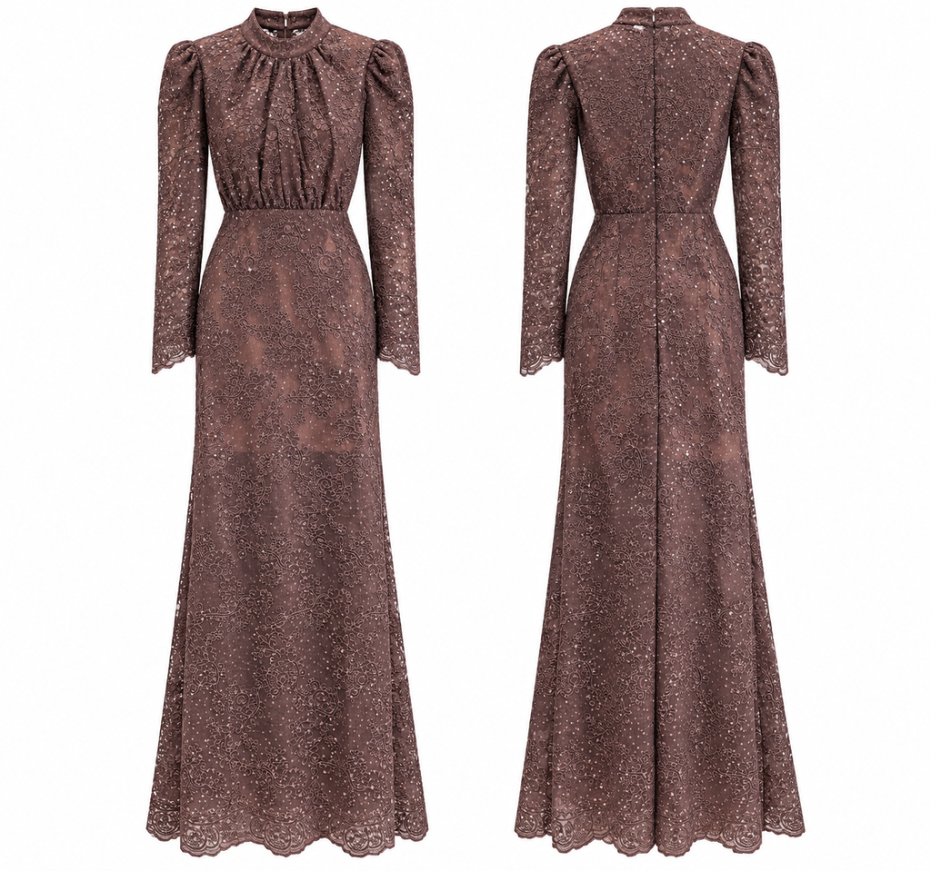 Elegant Mocha Brown Lace Maxi Dress with Puff Sleeves