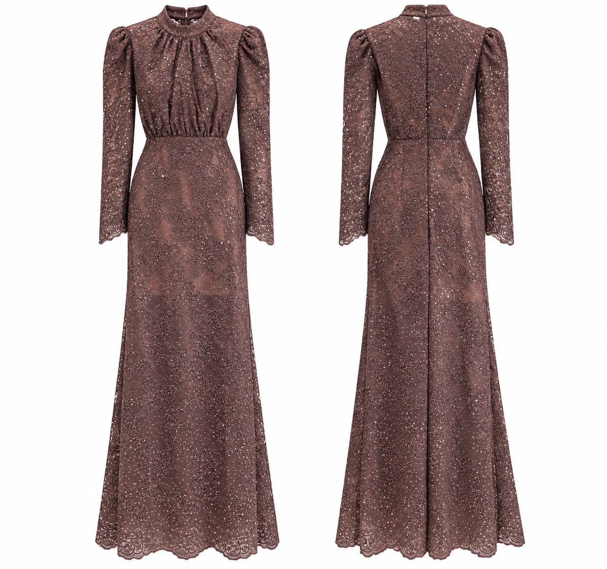 Elegant Mocha Brown Lace Maxi Dress with Puff Sleeves