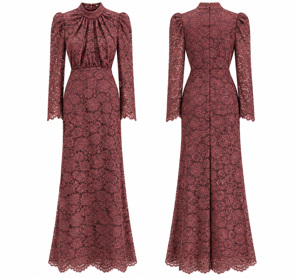 Elegant Mocha Brown Lace Maxi Dress with Puff Sleeves