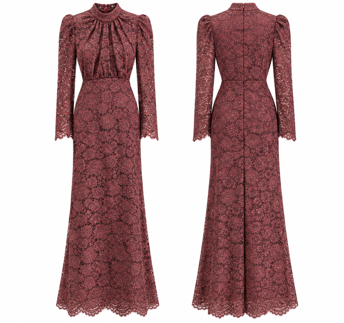 Elegant Mocha Brown Lace Maxi Dress with Puff Sleeves