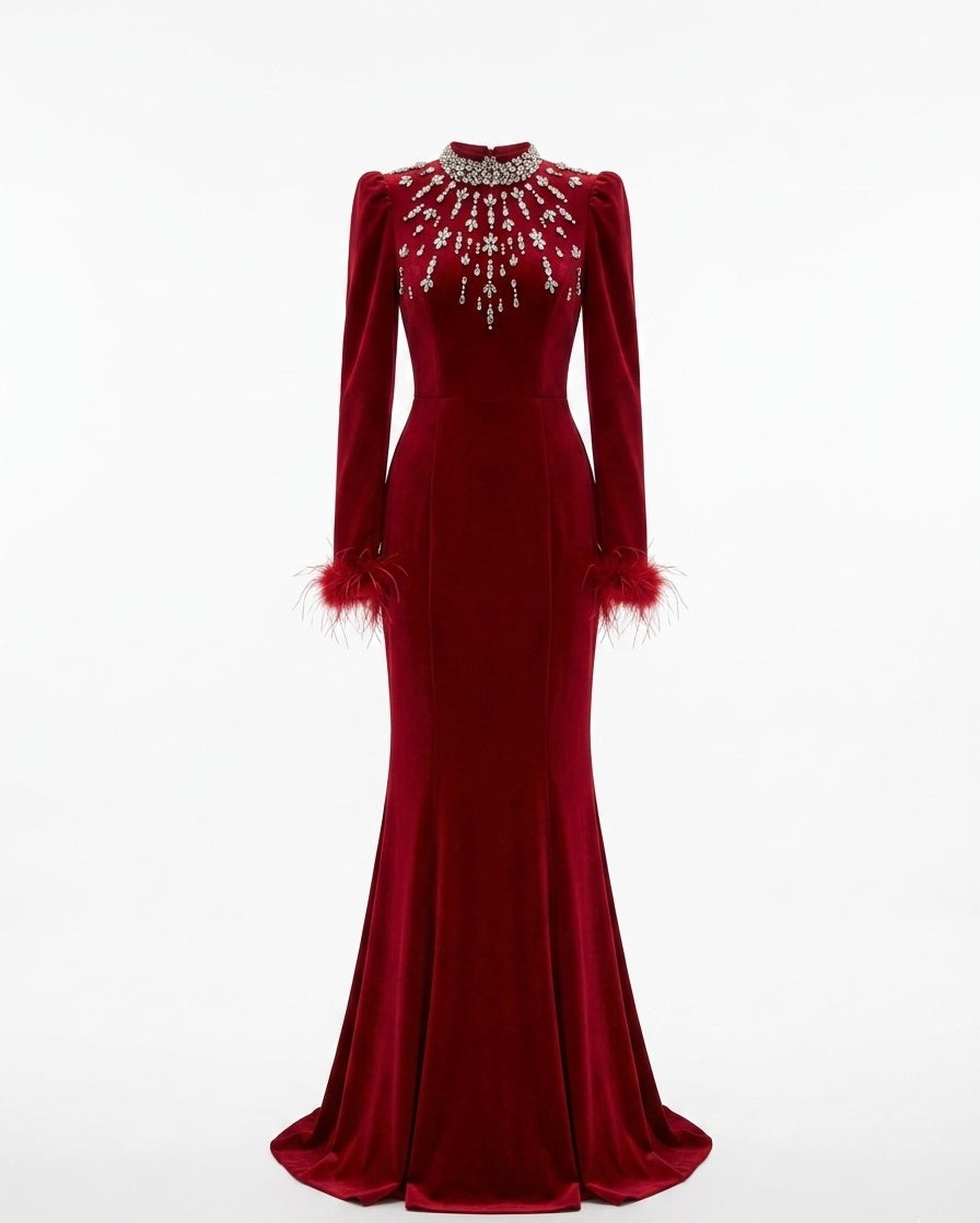 Luxury Red Velvet Mermaid Gown with Crystal Embellished Neckline