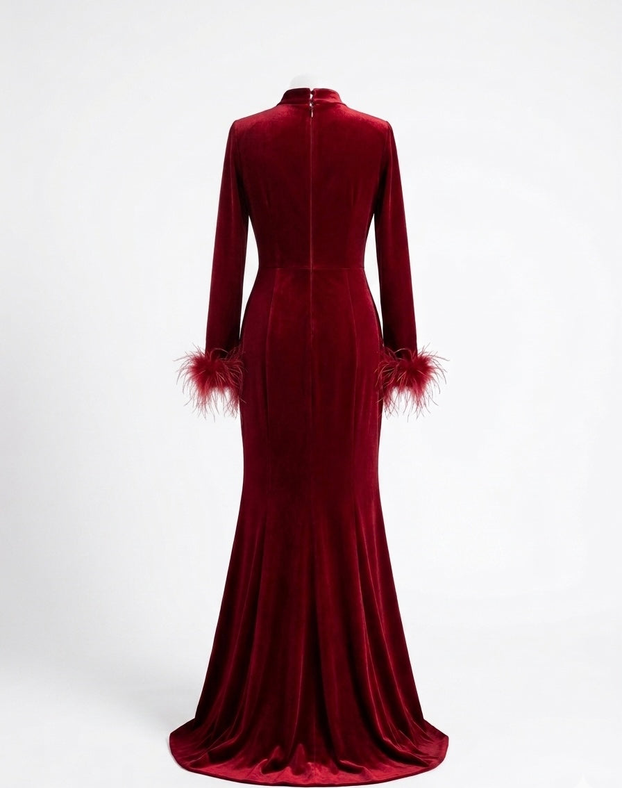 Luxury Red Velvet Mermaid Gown with Crystal Embellished Neckline