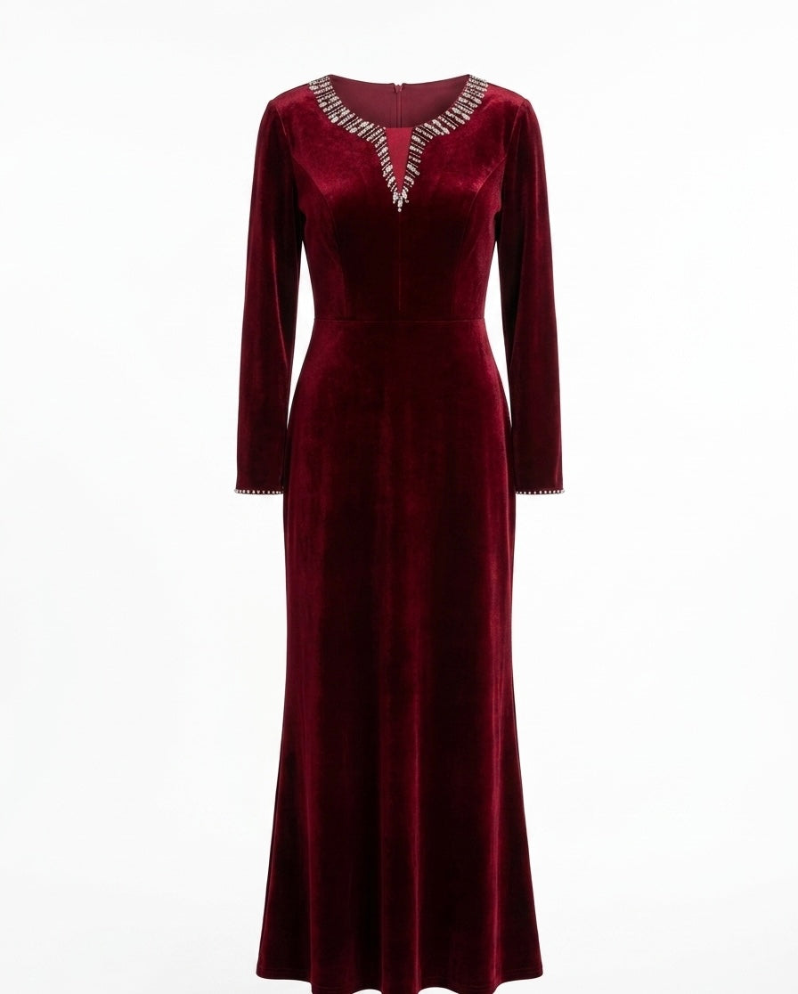 Elegant Burgundy Velvet Midi Dress with Crystal V-Neck Detail