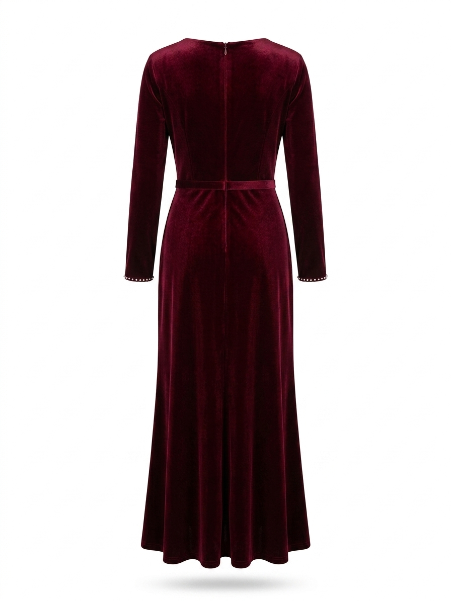 Elegant Burgundy Velvet Midi Dress with Crystal V-Neck Detail